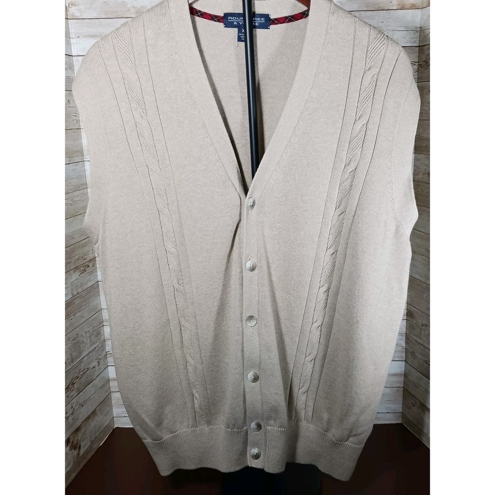 Roundtree & Yorke Men s Beige Button Up Sweater Vest 100% cotton Sz XL